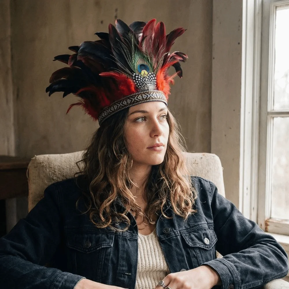 

Colorful Indian Feather Crown Headpiece Hair Accessories Indian Headband With Strap Fascinator Peacock Costume Headdress Show