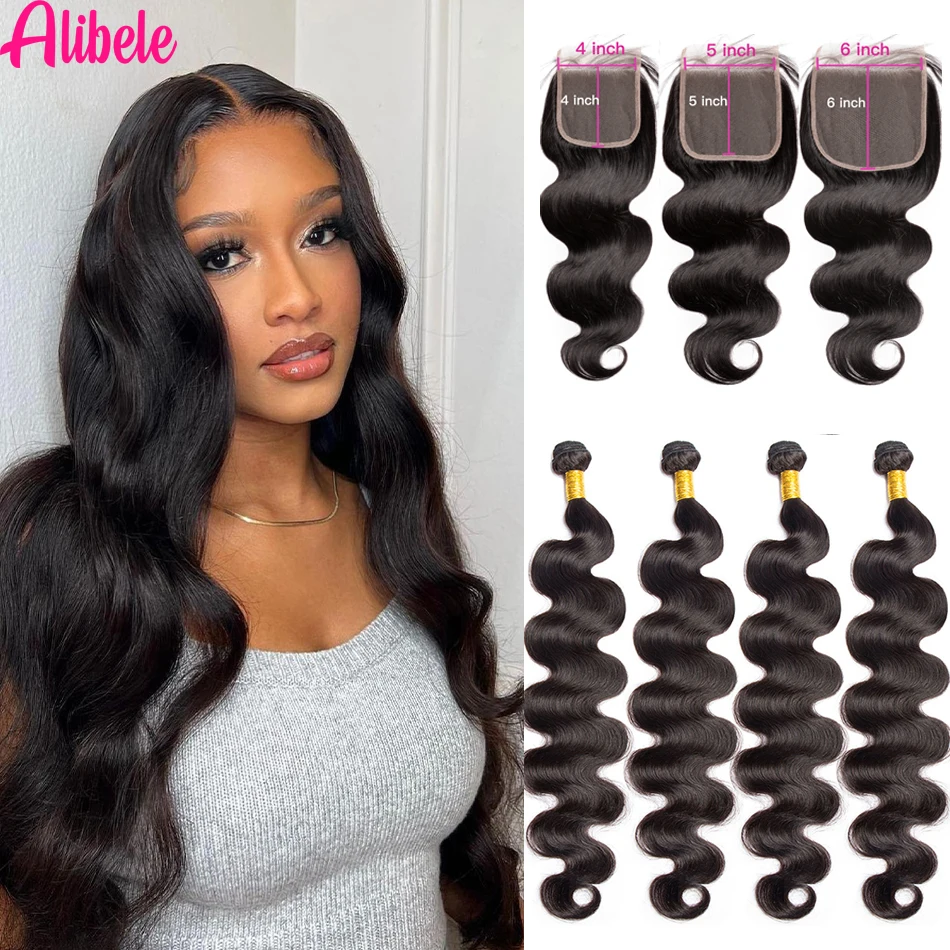 Alibele 6x6 5x5 4x4 HD Transparent Lace Closure With Body Wave Bundles Malaysia Natural Remy Hair Weave Bundles With LaceClosure