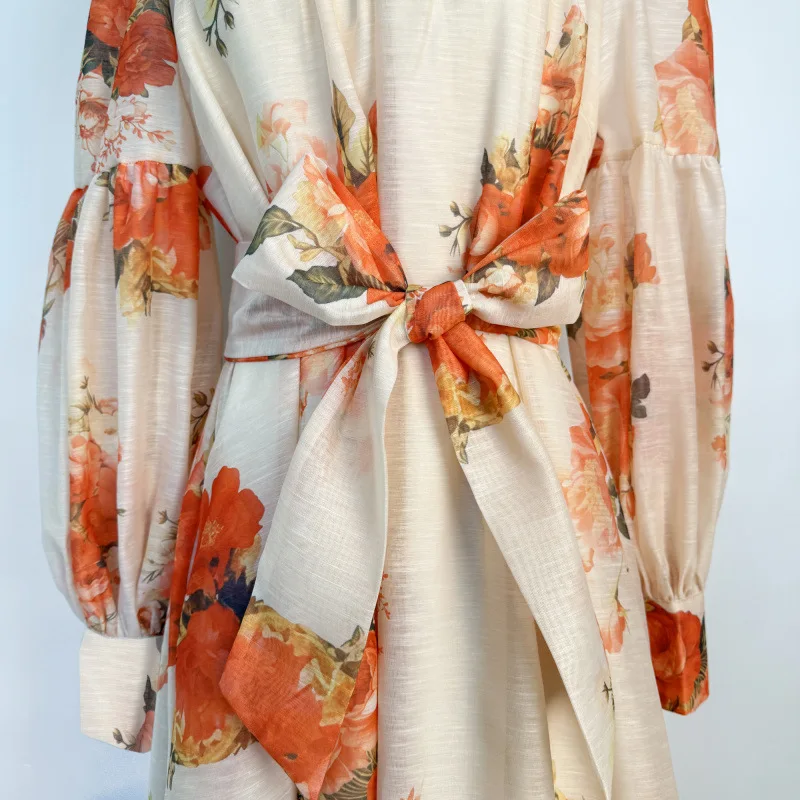 ชุดเดรสยาวพิมพ์ลายแฟชั่นทรงเอ็มไพร์ คอตั้ง แต่งเข็มขัด ผ้ากำมะหยี่ สำหรับผู้หญิง ฤดูใบไม้ผลิ ฤดูร้อน ฤดูใบไม้ร่วง