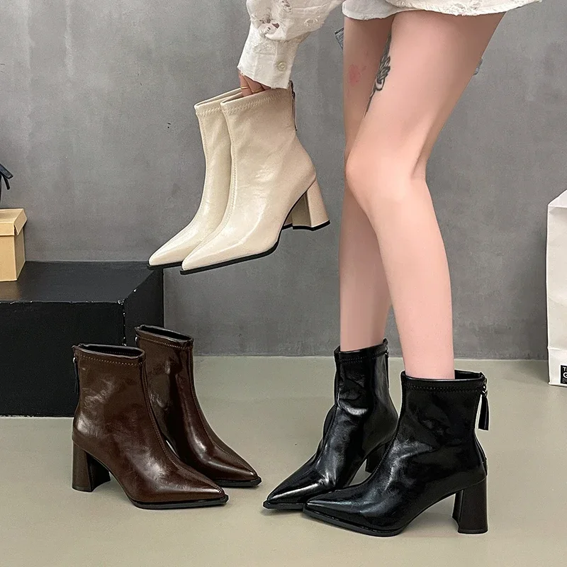 Pointed Zip Ankle Boots 2026 Fall/Winter New Sexy Soft Leather Thick Heel Skinny High Heels