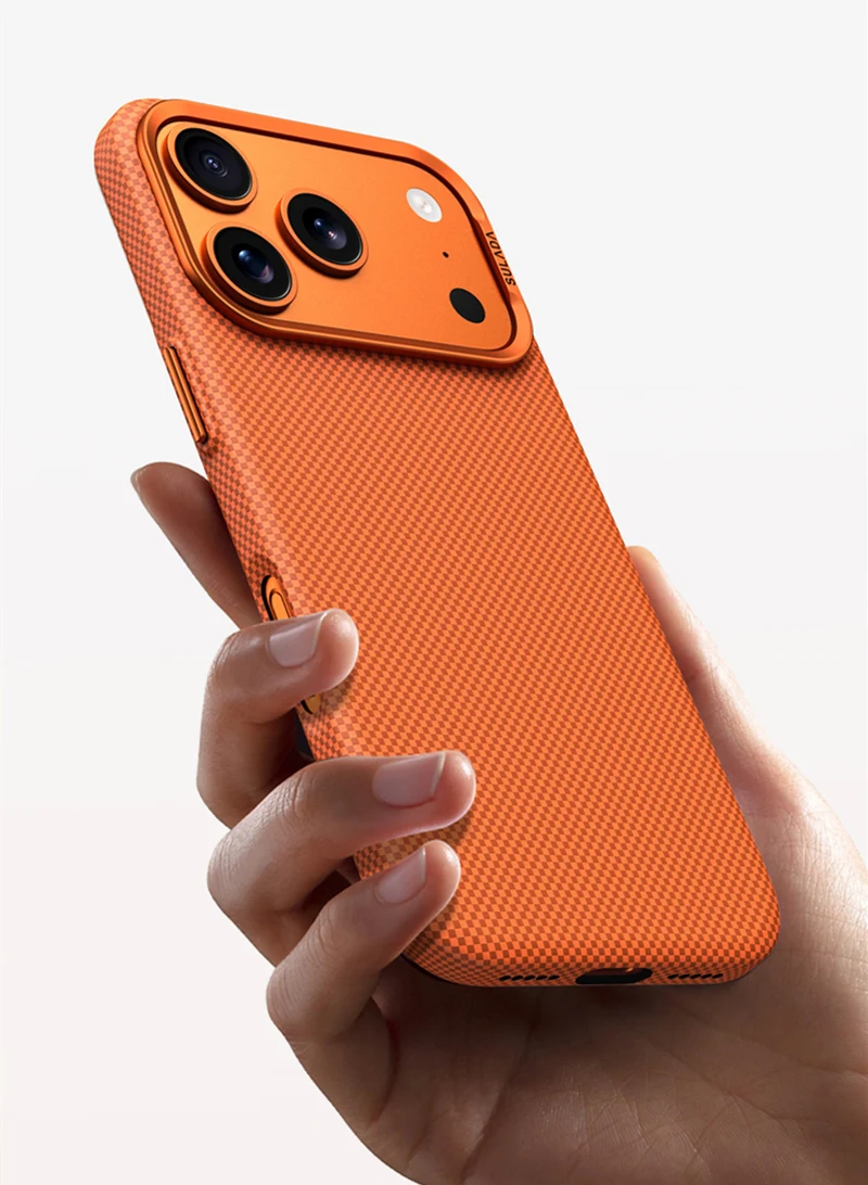 Magnetische Matte Handyhülle aus Legierung mit Einfarbigem Glas für iPhone 17 18 Pro Max 16 Pro, Carbonfaser-Textur, Kabellose Ladung, Rückseitenabdeckung – Detail 3