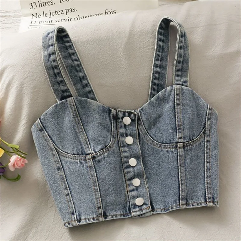 baby girls summer denim tank top single breasted kids crop top suspender Korean open back pleated camisole jeans 3 to 16 yrs