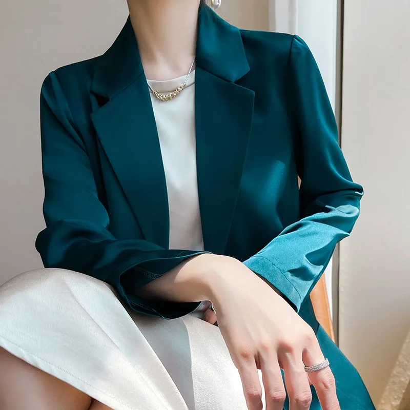 

Spring Summer Short Satin Women's Jacket Thin V-neck Solid Color Korean Style Silk Small Suit Casual Elegant Outerwear