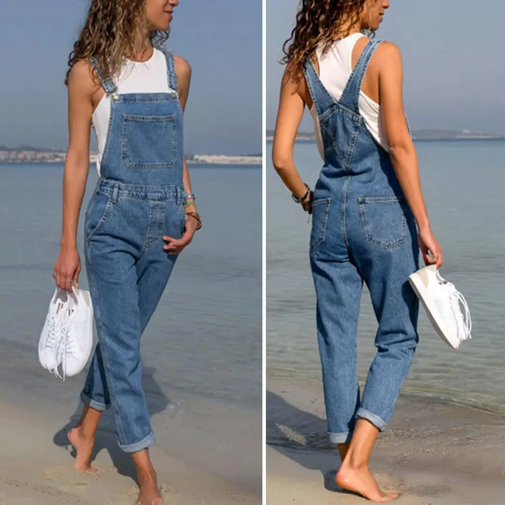 Denim Overalls with Pockets Distressed Denim Overalls Stylish Plus Size Denim Jumpsuit with Adjustable Straps Side for Women