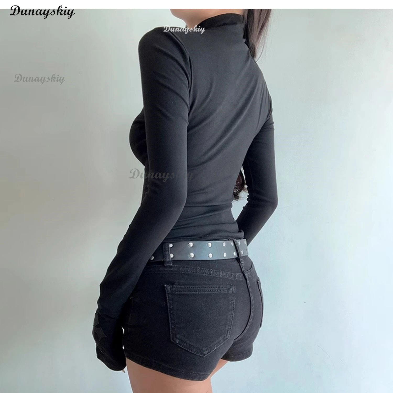 أسود القوطية الدانتيل تقليم كم طويل تي شيرت المرأة خمر مثير الدانتيل متابعة ساحة طوق القمم اليابانية موضة Y2k ثقافة فرعية تيز