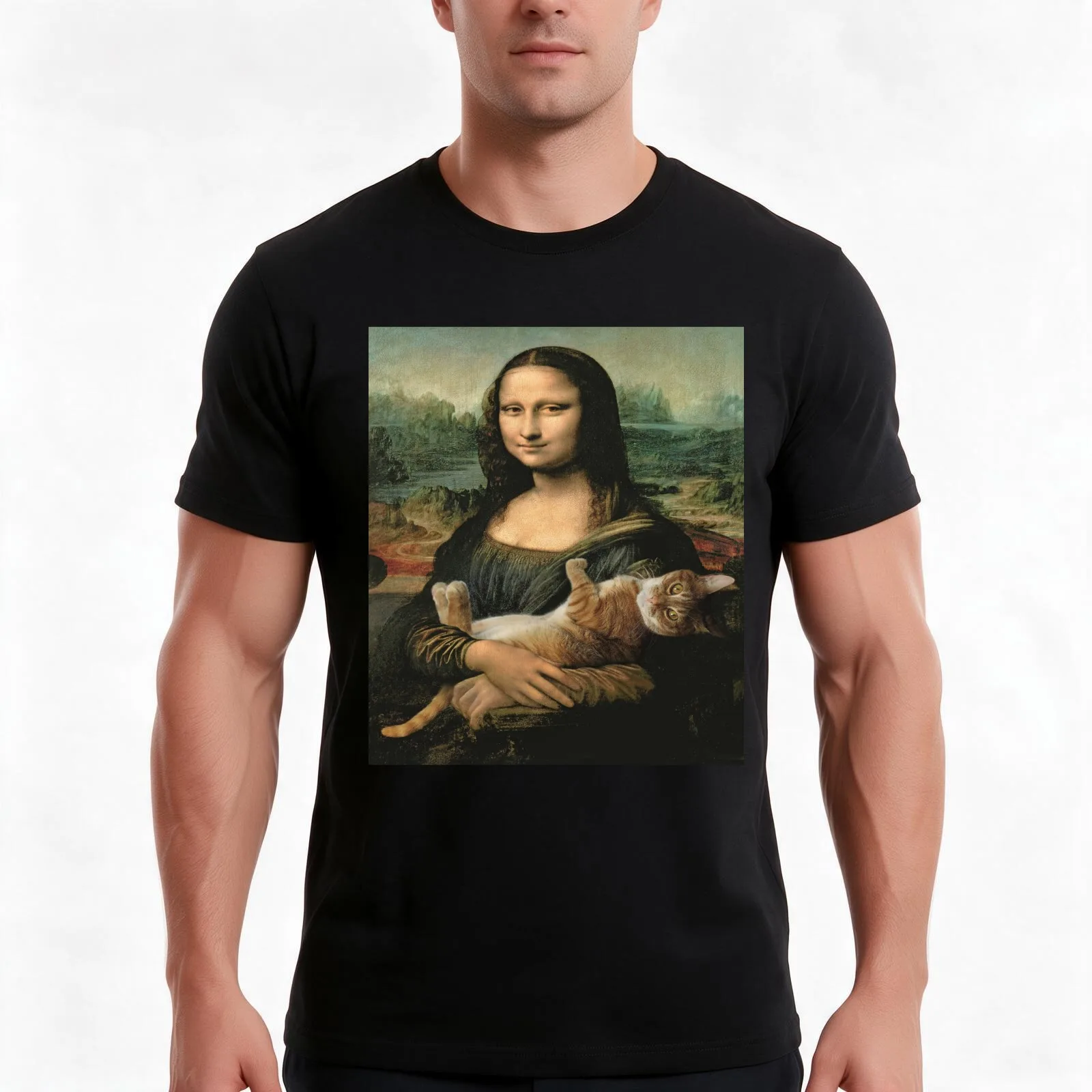 Mona Lisa by Leonardo Da Vinci feat. cat T-Shirt, Summer Casual Cotton Tee, Oversized Streetwear Tops, Vintage Graphic Print