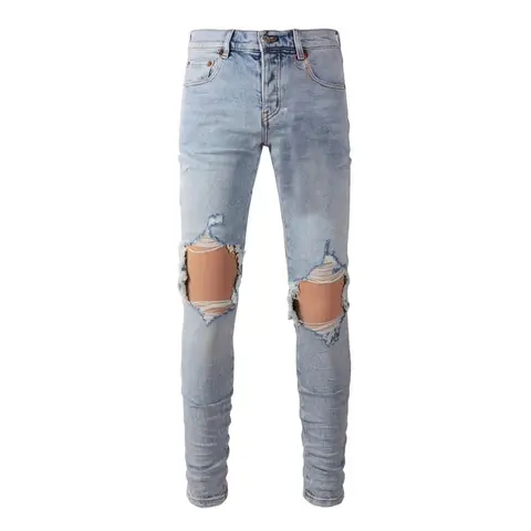 High Street Men's Jeans American Distressed Dark Black Coated Blank Stretch Skinny Button Fly Ripped Pants Trousers