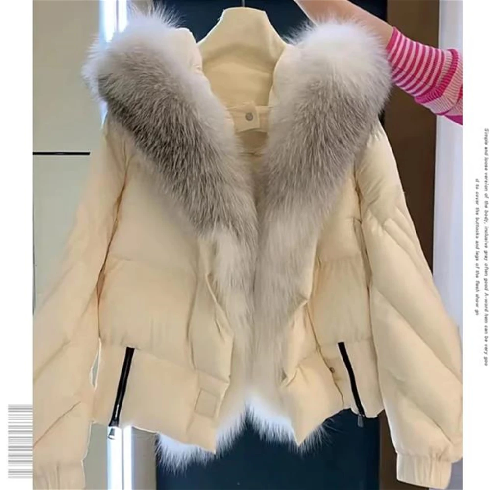 White Down Cotton Coat For Women In Winter 2024 New Hot Style Plus Velvet Thickening Loose Versatile Versatile Short Fur Coat