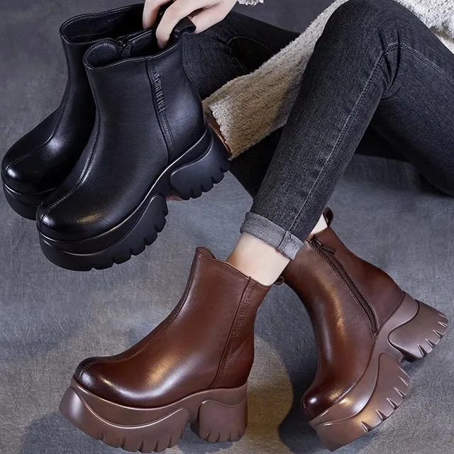 

New Brown Thick Bottom Short Boots Women's Genuine Leather Fleece Lined Retro Boots High Top Head Layer Cowhide