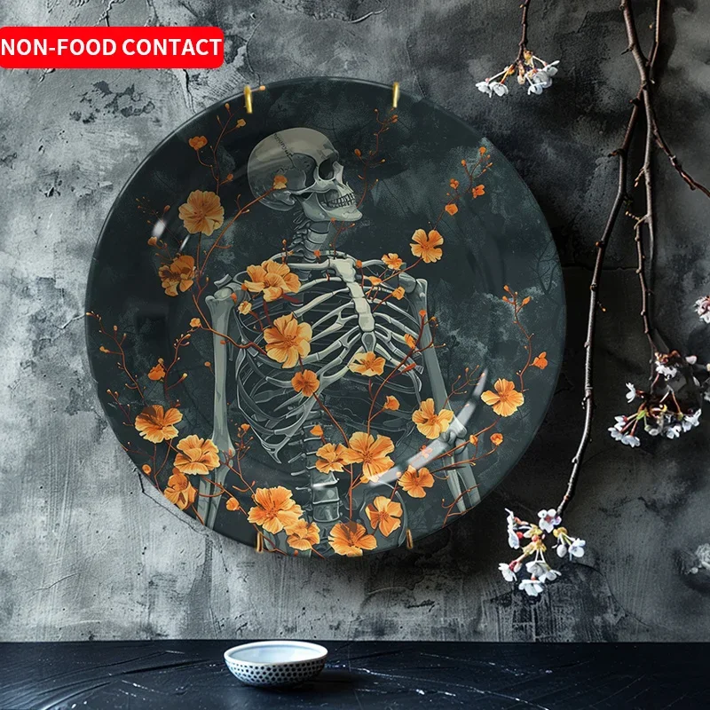 1pc Vintage Floral Skull Ceramic Decorative Plate - Art Deco Style Round Non-Food Contact Tabletop Ornament with Orange & White