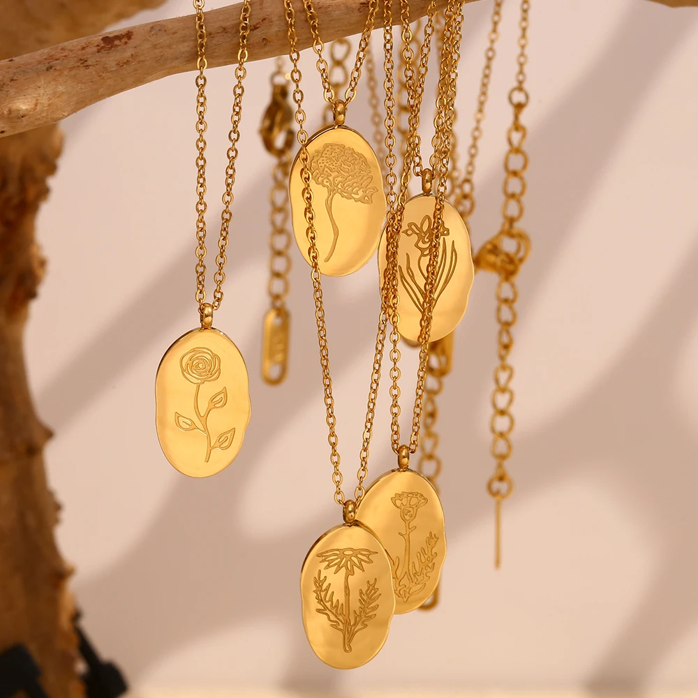 E.B.belle Unique Tarnish Free Irregular 12 Months Flower Pendant Necklace Stainless Steel Gold Plated Birthstone Necklace Gifts