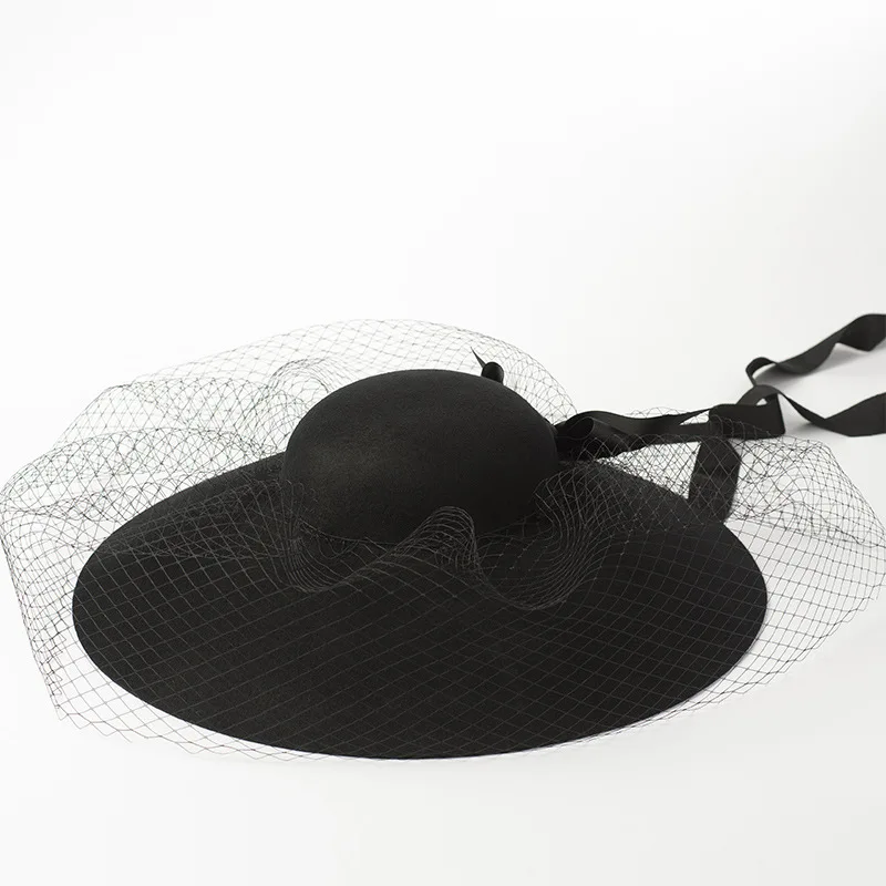 

Vintage Elegant Mesh Wool Felt Round Top Wide Brim Hat Fashion Show Concave Shape Veil Hat