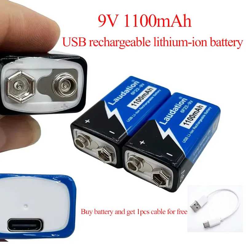 

USB-9V 1100mAh Rechargeable Batte Type-C 6F22 9v Li-ion Batter for Metal Detector Remote Control Helicopter Microphone Toy Model