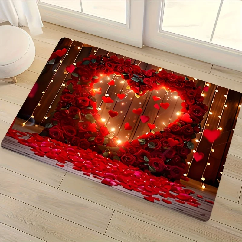 Romantic Holiday Floor Mat Heart‑Shaped Red Roses and Glowing String Light Love‑Inspired Graphic Decor Rug for Home Entryway