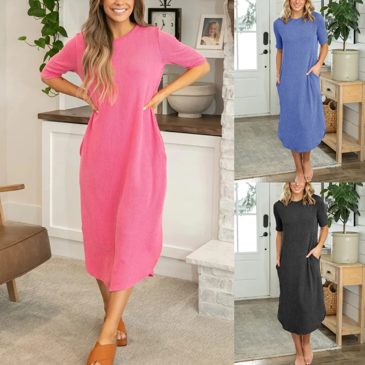 2024 Women's Casual Loose Pocket Long Dress Women Short Sleeve Long Dresses Women T Shirt Solid Color