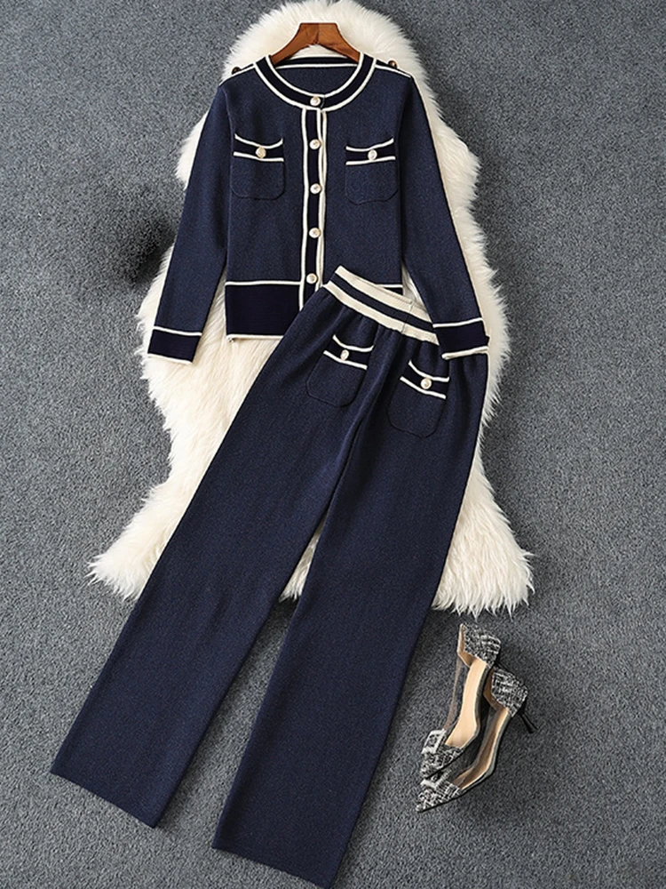 ZJYT Autumn Winter Knitted Pant Sets 2 Piece for Women Elegant Color Block Cardigan Sweater Blue Outfits Casual Trousers Suits