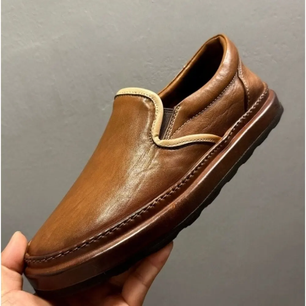 Caramel Brown Burnished Leather Slip-On Loafers, with contrasting trim and thick sole