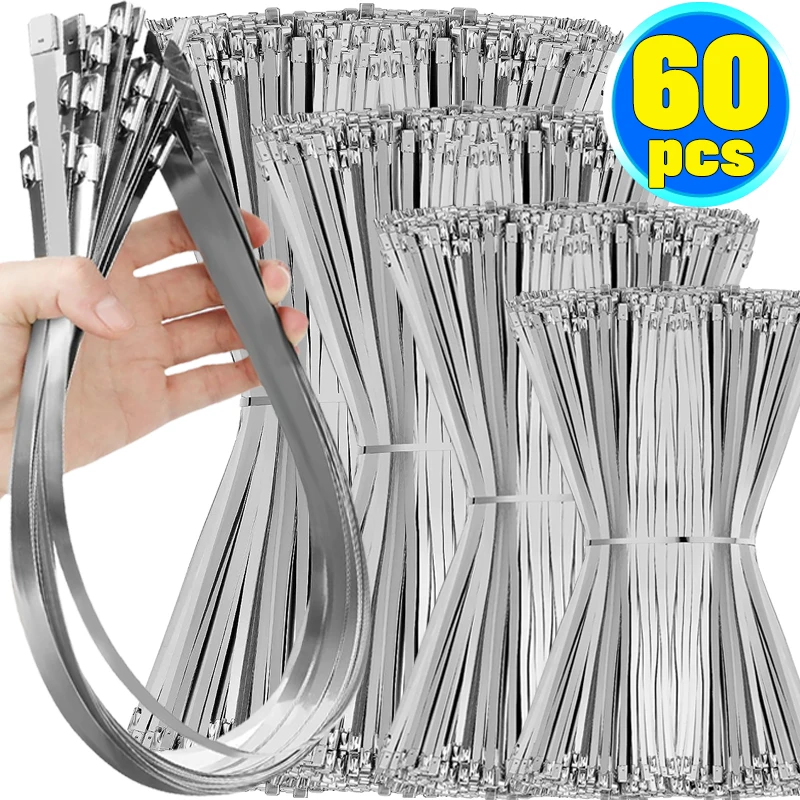 

10-60pcs Stainless Steel Cable Ties Self Locking Metal Zip Ties Fastening Rings Exhaust Wraps Straps Fence Fixed Binding Tie