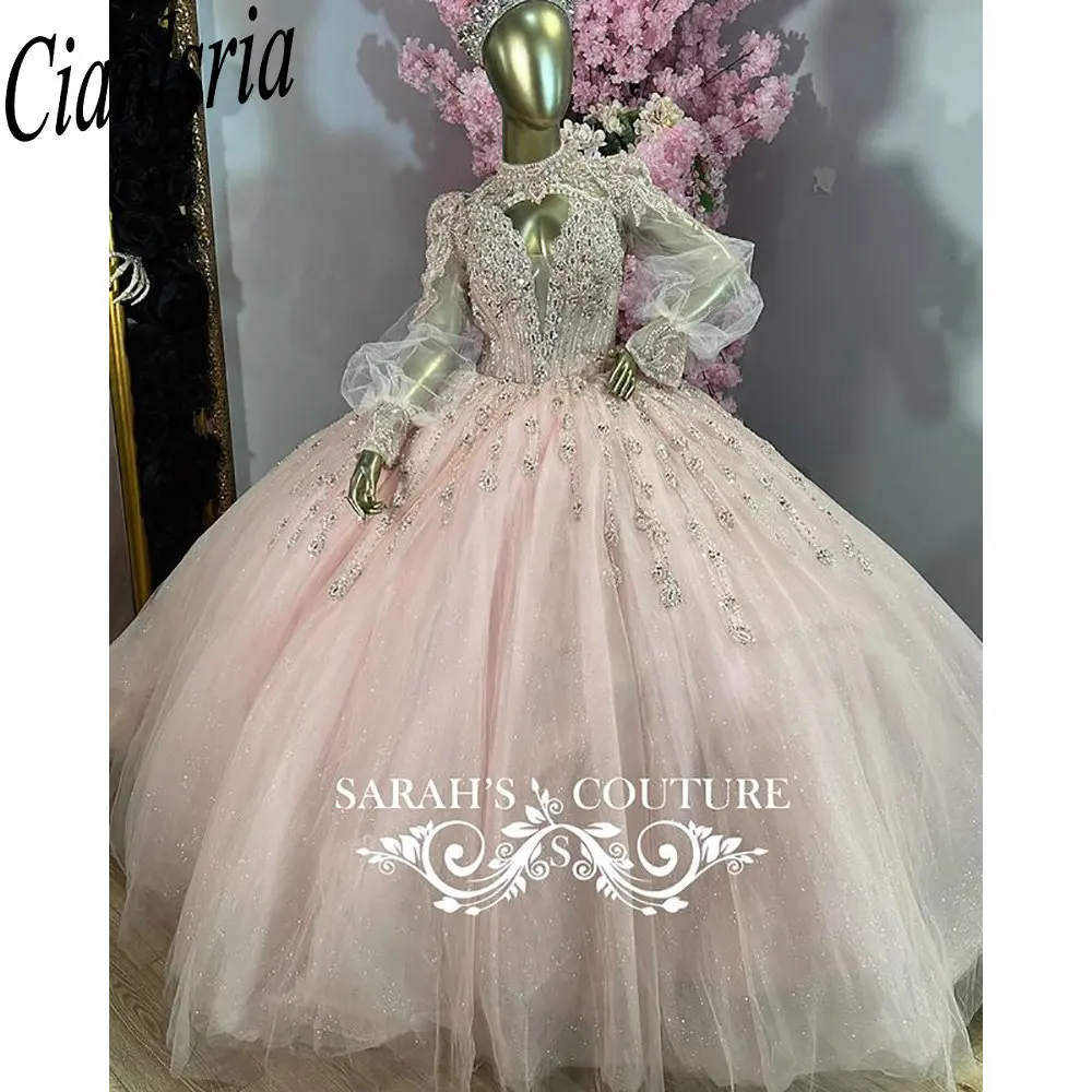 Pink Sequined Crystal Lace Quinceanera Dresses With Jacket Ball Gown Beading Corset Vestidos De XV Anos