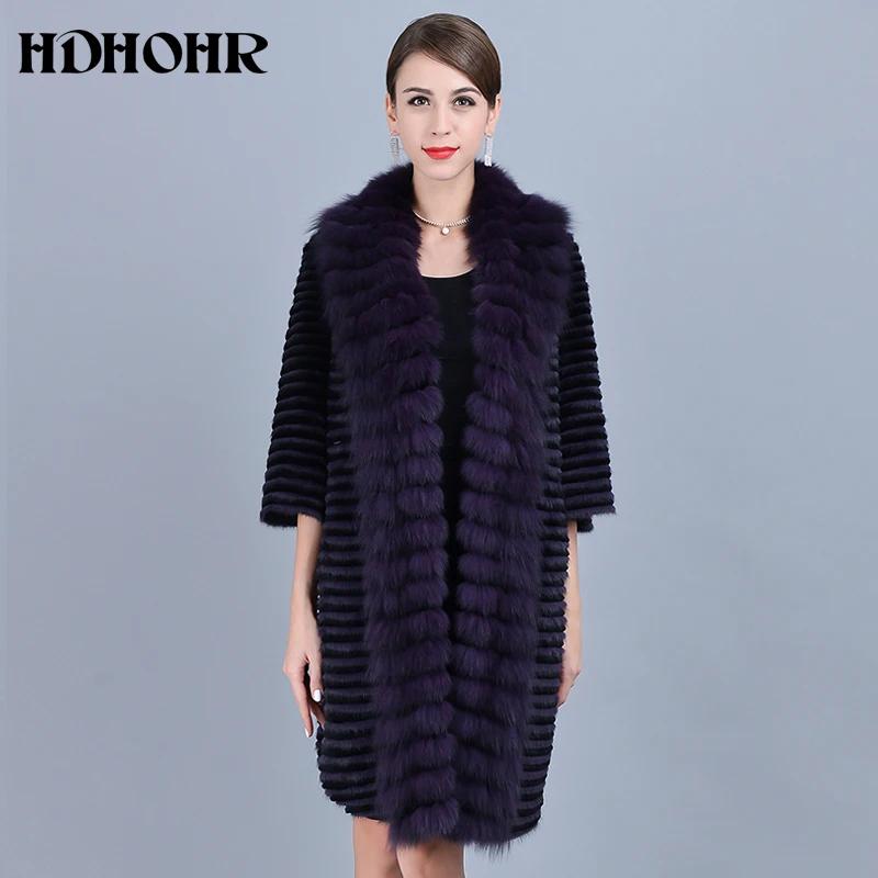 HDHOHR 2024 High Quality Women Knitted Mink Fur Coats Fox Fur Sleeve Fashion Thick Natural Mink Jackets Winter Warm Fur Parkers