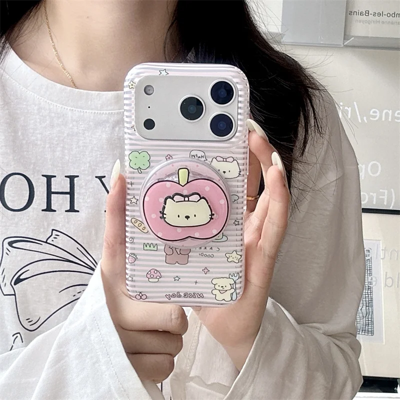 

Fashion iPhone case Cute Cartoon Print Phone Case With Apple Cat Magnetic Stand For iPhone 15 16 17 Shockproof Pastel Protective