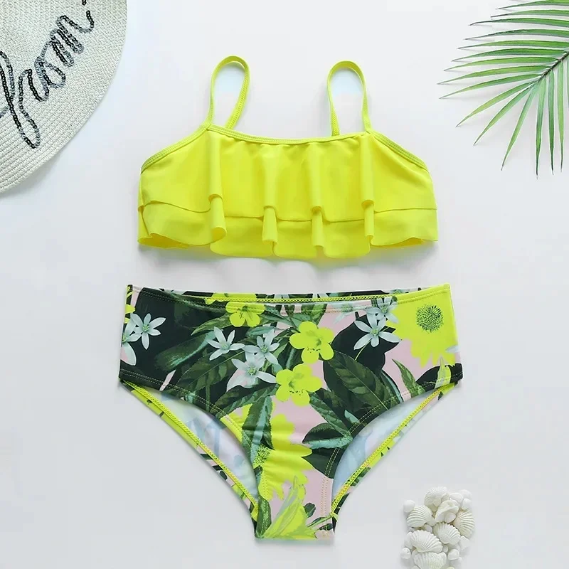 

Girl Biquini Bathing Suit Teenager Solid 2 Pieces Swimwear for Children Swimsuit Split Bikinis Set Kids Falbala Swimsuit Tankini