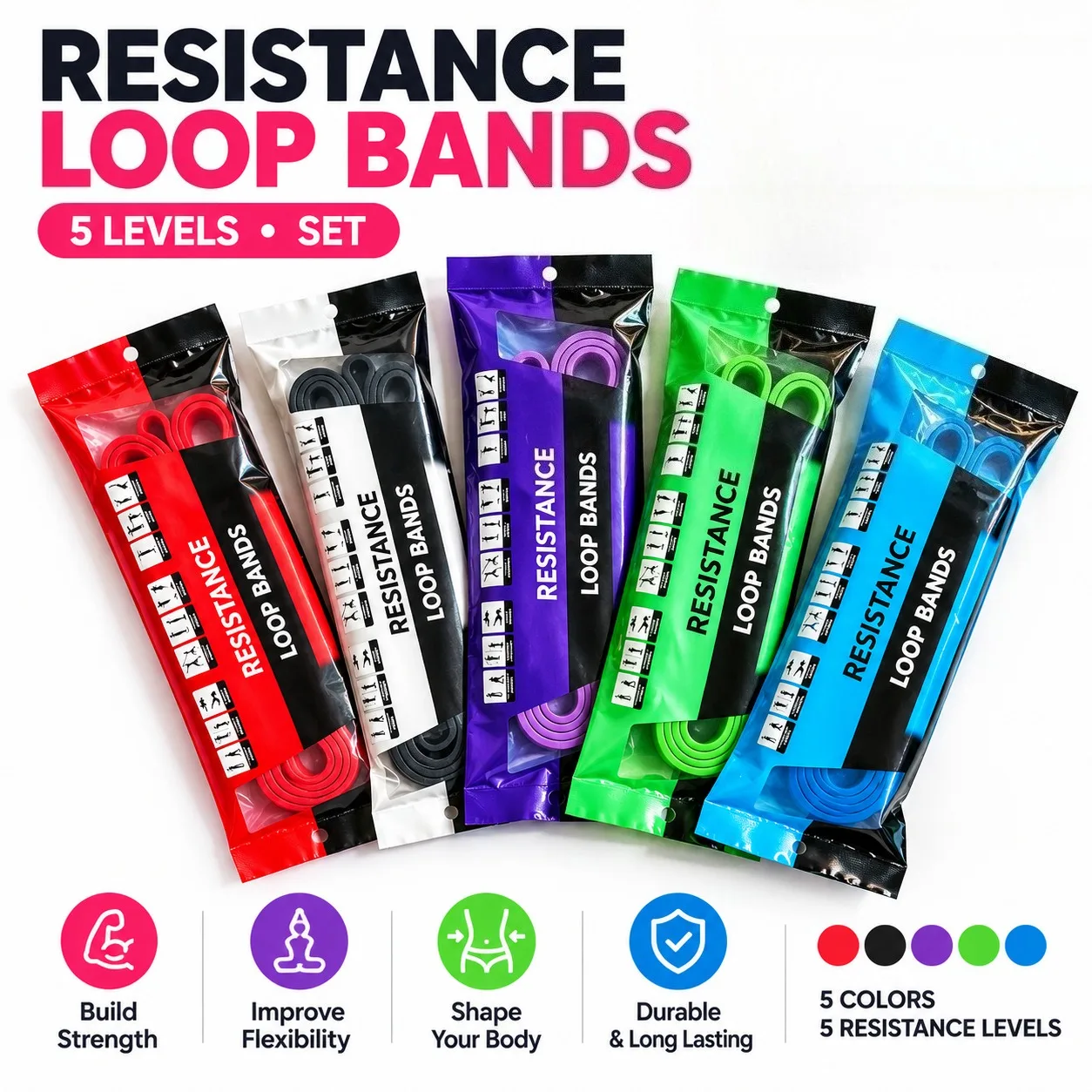 5 Levels Resistance Loop Bands Set Heavy Duty Pull up Assist Workout Stretch Bands for Gym Strength Training with Individual Pac