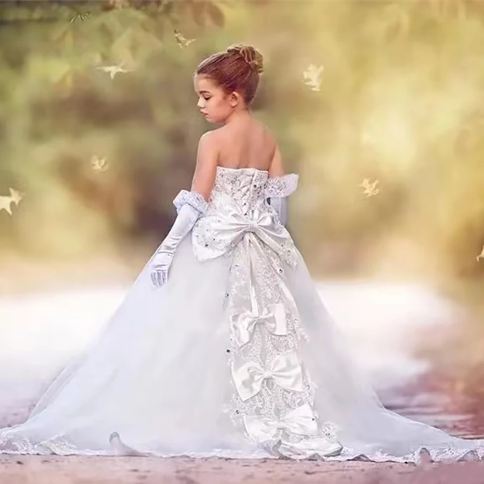 Luxus kristalle Perlen Blumen mädchen Kleider für die Hochzeit mit Schleifen Prinzessin Ballkleid Kinder Festzug Erstkommunion Kleider