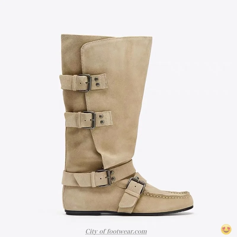 

Women's khaki suede flats vintage studded knee high boots round toe buckled pull on long boots luxury designer soft shoes