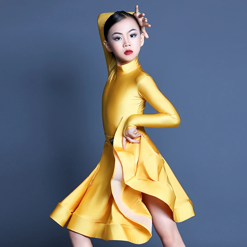 

New Children's Latin Dance Competition Dress Girls' Long Sleeve Practice Split Suit Prom Samba Tango Dance Perfo Clothes VBH960