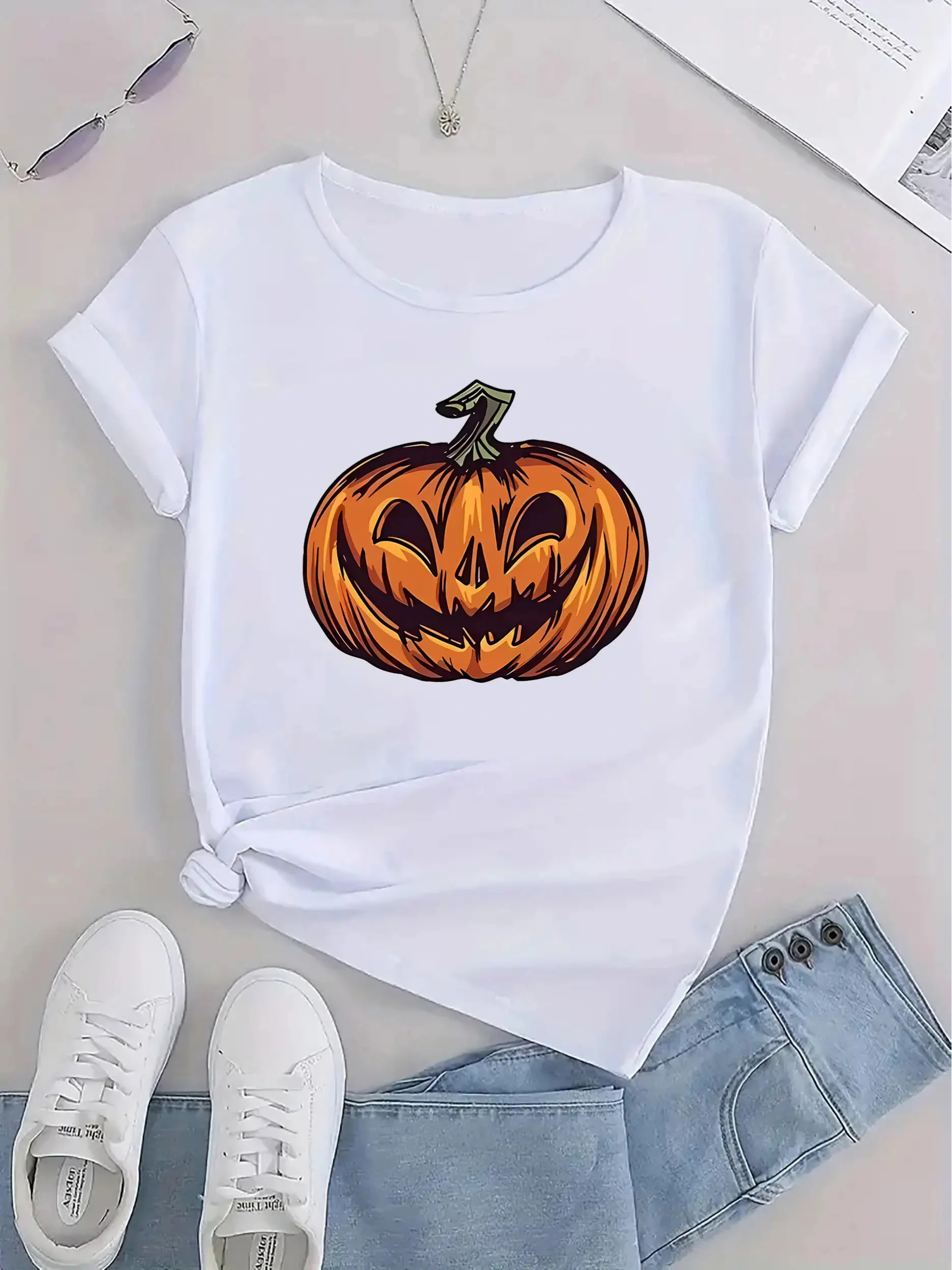 Женская смешанная футболка с рукавами и круглым вырезом, повседневный топ с принтом тыквы Джека-О'-фонарика для костюмов на Хэллоуин, повседневная одежда