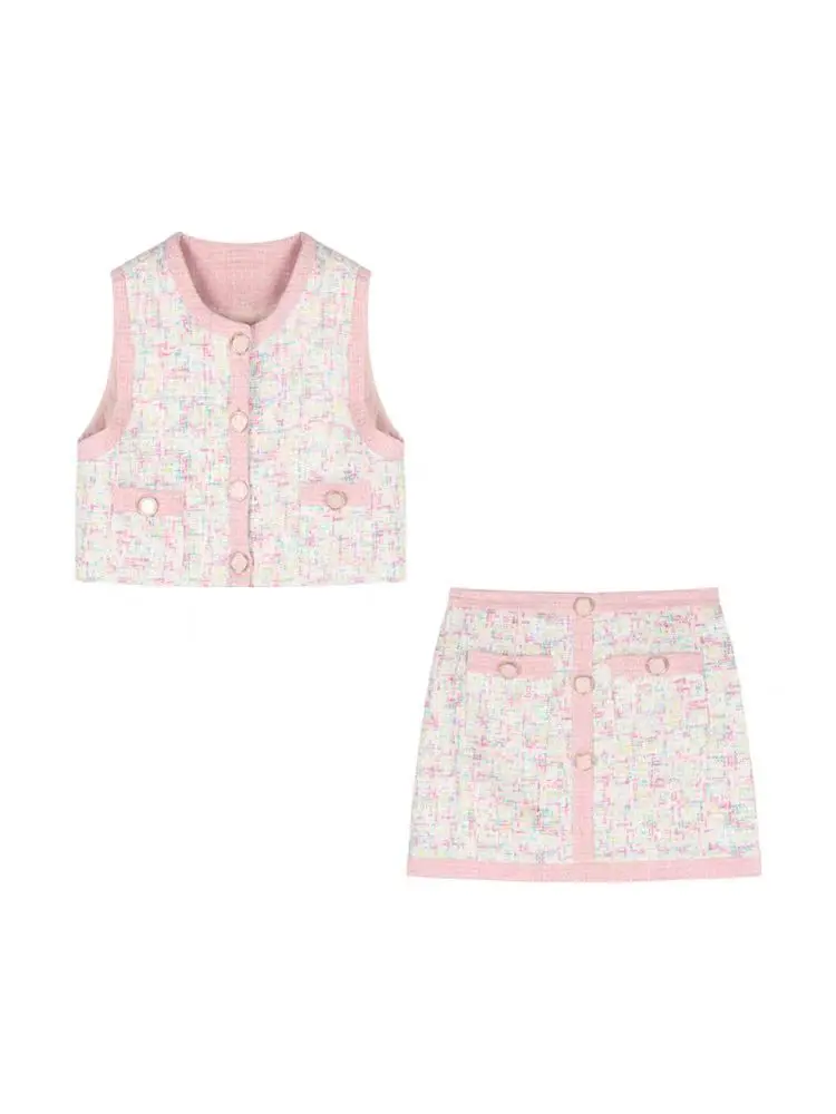 Heavy-Work Embroidery Summer Faion Set Women's  Skirt And Top Two-Piece Suit round Ne Button Sle Polyester Fabric