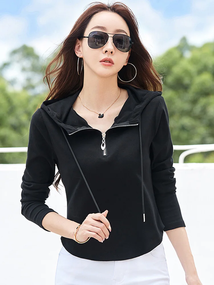 New Women Spring Autumn Hooded Pullovers Fashion Solid Color Long Sleeve Cotton Short Hoodies Simplicity Casual T-shirt