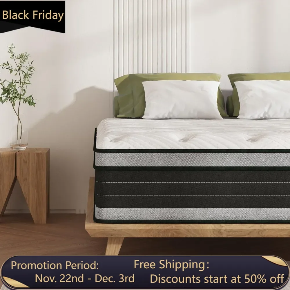 Queen Size Mattress, 14 Inch Hybrid Pillow Top Mattresses in a Box, Medium Firm Mattress for Back Pain, Fiberglass Free