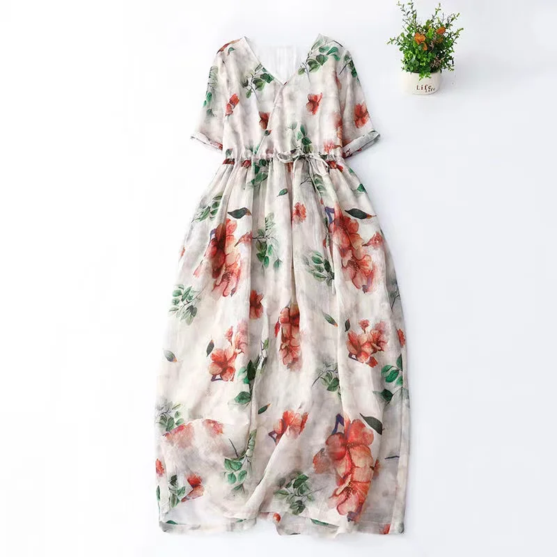 

Chic Elegant Female Floral Dresses 2024 New Summer Drawstring V-Neck Large Swing Party Dress Holiday Beach Sundress for Women