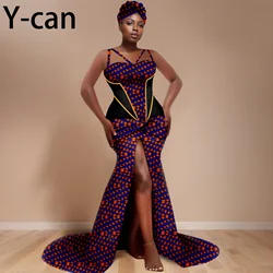 African Dresses for Women Luxury Party Dress Dashiki Print Mermaid Slit Dress Match Turban Bazin Riche Wedding Dress 2425192