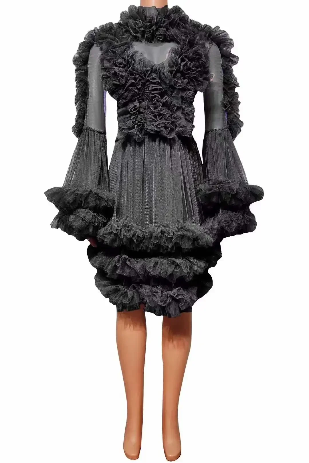 Mesh Dress For Women Dance Singer Stage Wear Cheerleading Las Vegas Long Sleeve Drag Queen Outfit Black Pink White Sheer Dressy