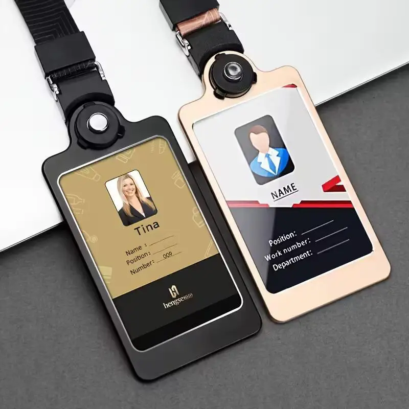 Porta-Crachá de Alumínio com Corda para Pendurar, Suporte Vertical para Cartão de Identidade, Porta-Crachá de Peito, Materiais de Escritório
