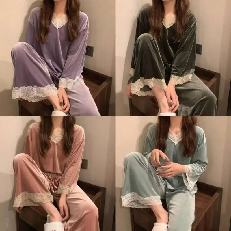 

Корейская версия, женская домашняя одежда, пижамы в стиле принцессы, весна-осень-зима, женская кружевная утолщенная теплая домашняя одежда, домашняя одежда
