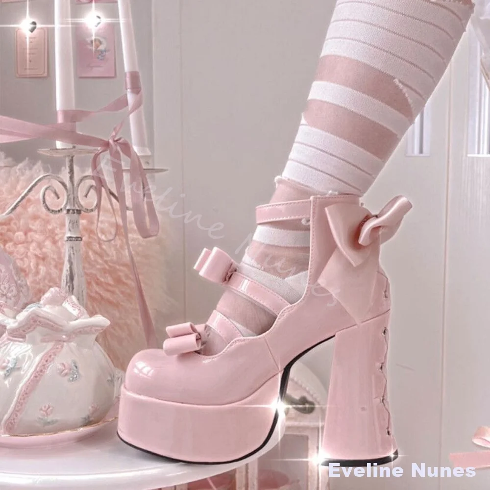 Bow-knot Cross Strap Lolita Cute Pumps Women Platform Hollow Round Toe Chunky Heel Mary Jane Leather Shoes Spring Elegant Pumps image 3