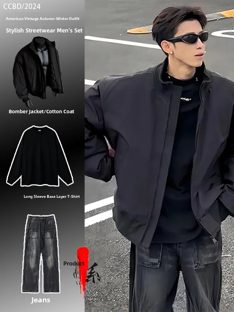 

American High Street Sle Bomber Jaet Cotton Suit Men's Winter Faion ort ape Outerwear Tee Piece Set Warmth Insula...