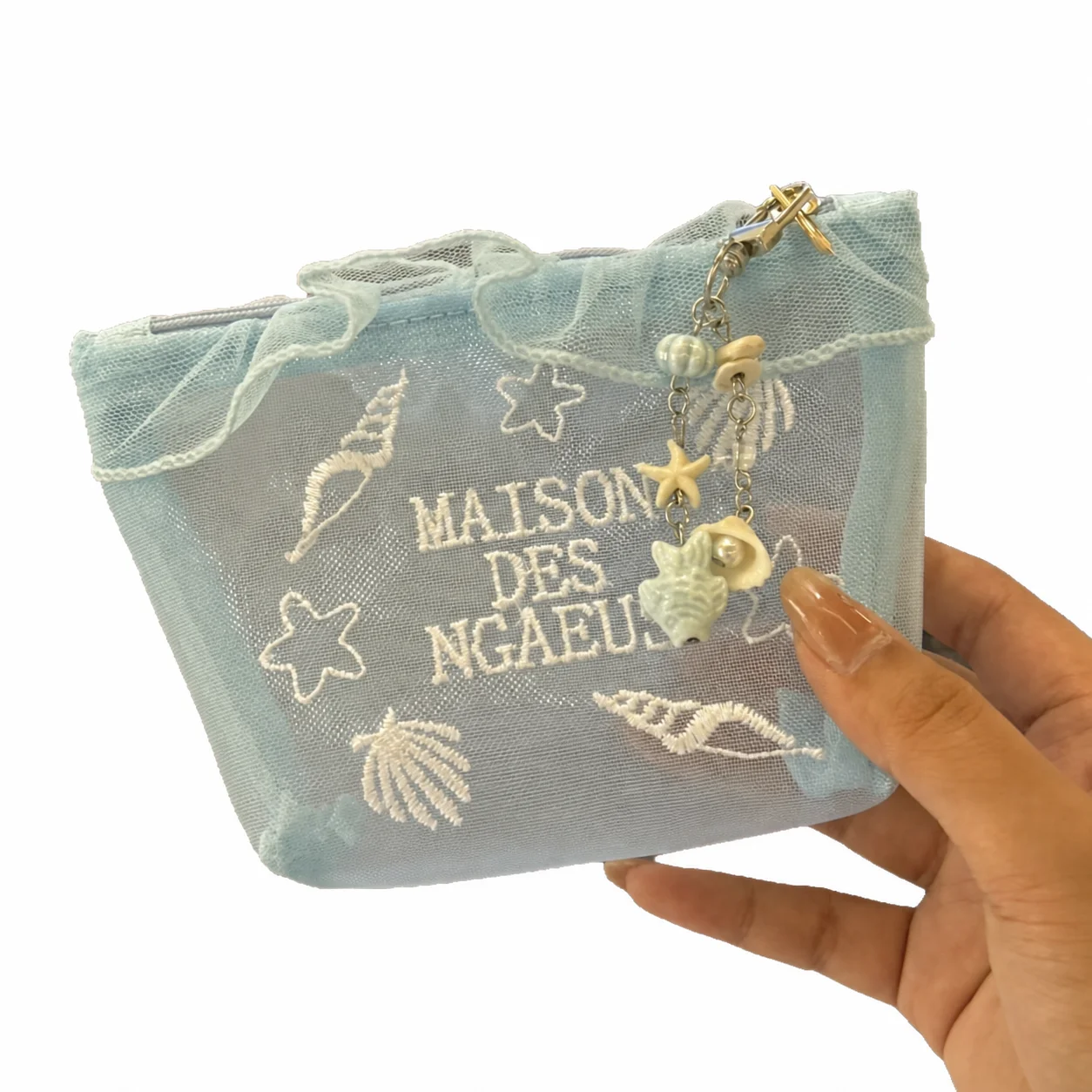 Embroidered Cosmetic Bag Embroidered Blue Mesh Bag Daily Travel Pouch Mesh Portable Storage Pouch For Daily Use Shopping
