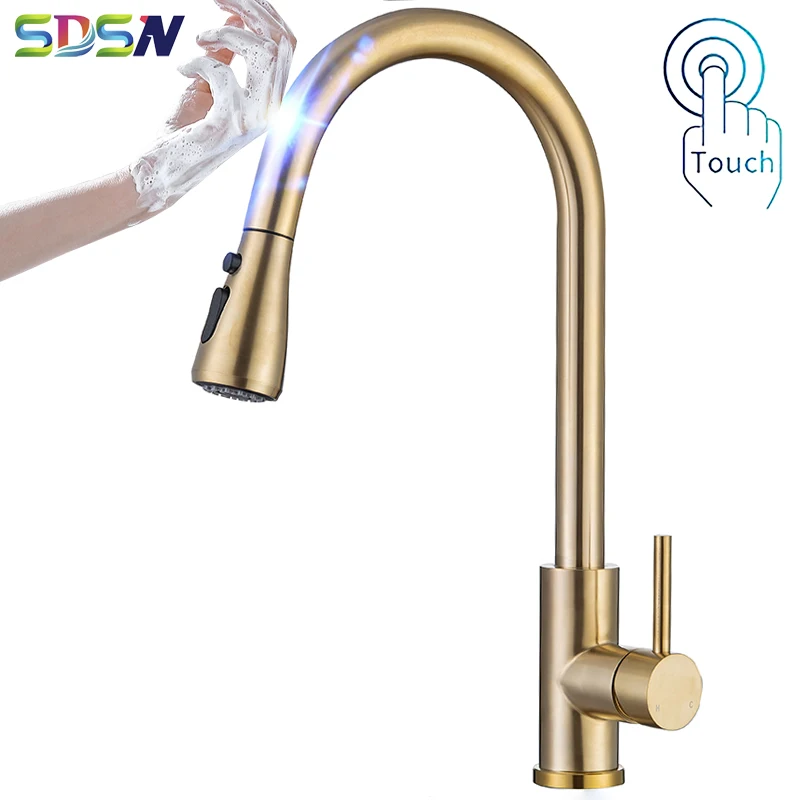 

Brushed Gold Touch Kitchen Mixer Tap SUS304 Stainless Steel Hot Cold Pull Out Kitchen Faucet Smart Sensor Touch Kitchen Faucets