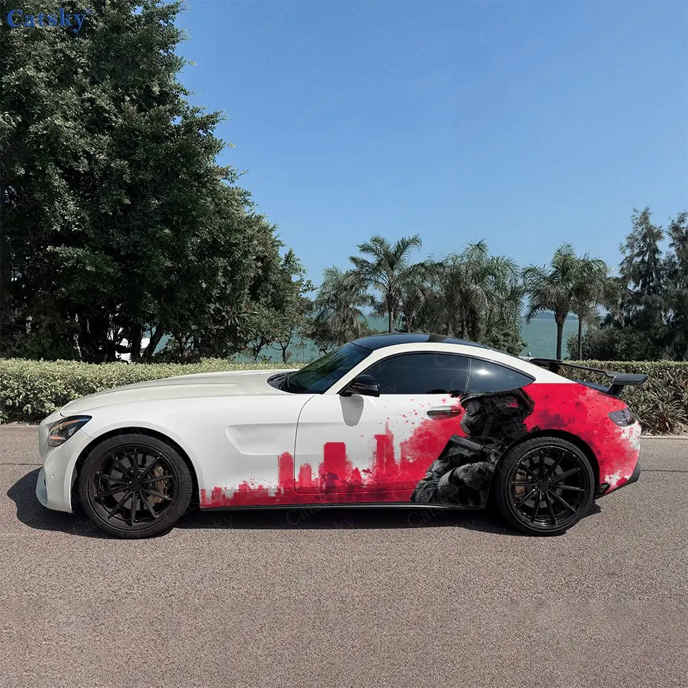 2pcs Black & Red Tactical Soldier Car Side Wraps, Self-Adhesive PVC Waterproof & Scratch-Resistant Stickers, Car Accessory Gift