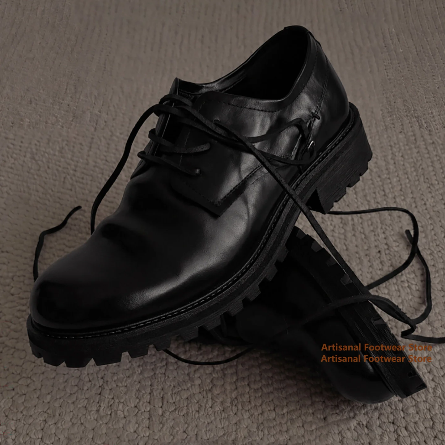 

Black Leather Lace-Up Derby Shoes for Men Chunky Sole Oxford Shoes Thick-Soled Height Increasing Casual Men's Leather Shoes