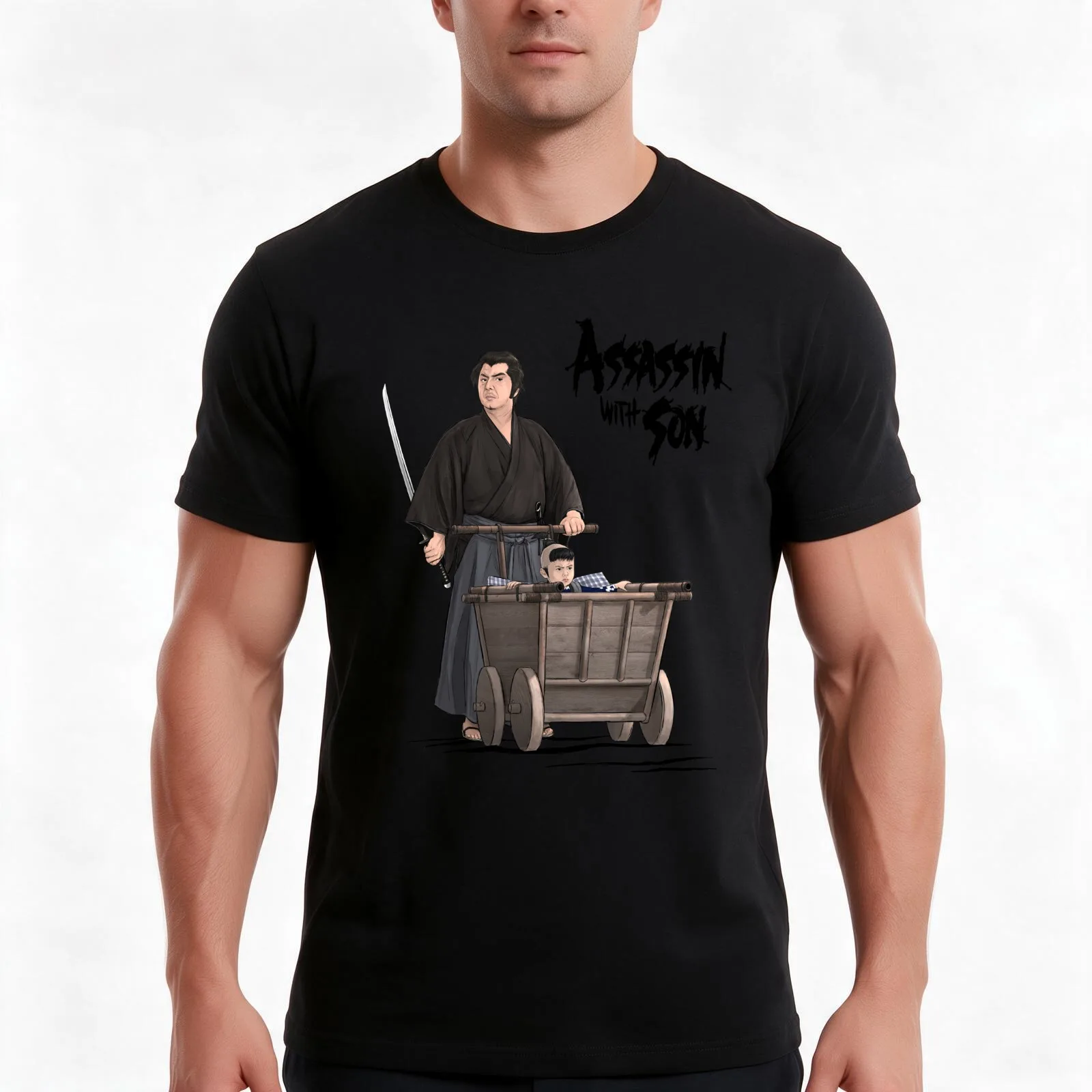 Assassin With Son T-Shirt, Summer Casual Cotton Tee, Oversized Streetwear Tops, Vintage Graphic Print, Loose Fit Short Sleeve