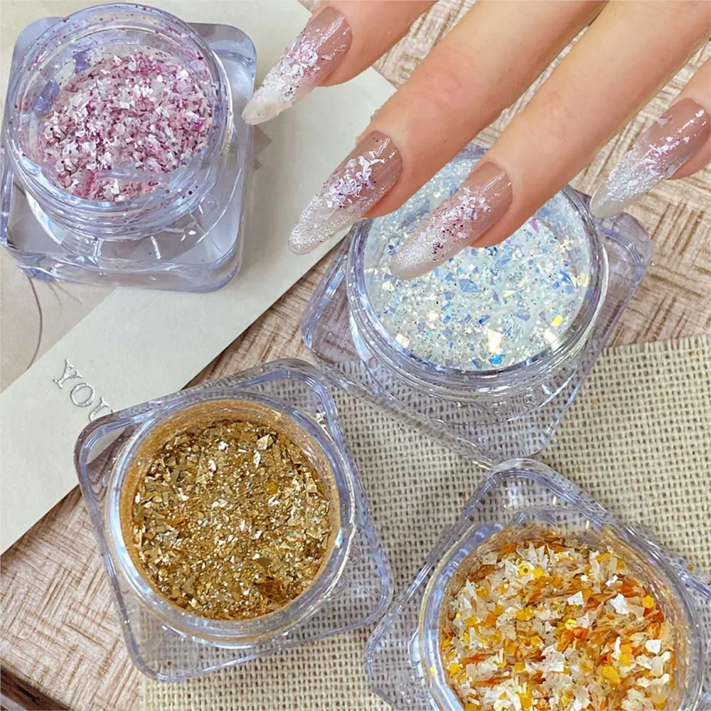 4 tarros X 1,2g fragmentos de lámina brillante brillo de uñas champán oro púrpura lámina brillo lentejuelas acrílicas uñas arte polvo escamas Paillette