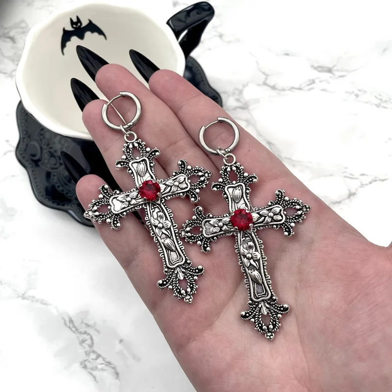 Gothic Large Silver Colour Tone Jewel Cross Earrings with Black Red Punk Hallowmas Jewellery Gorgeous Wedding Statement Women image 2