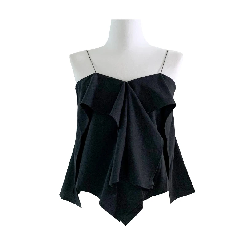 Coreano Sle Chic verano Sexy puro deseo diseño asimétrico dulce encaje ribete V-Ne Correa Top mujer viaje viento