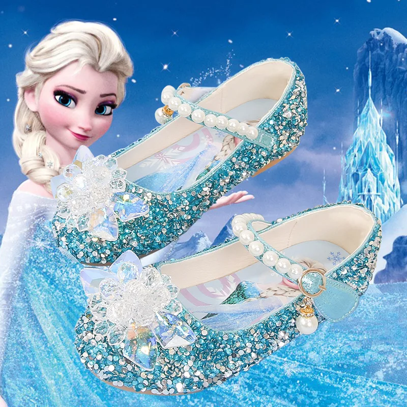 Disney Girl\'s Shoes Frozen Elsa Princess Soft Sole Shoes Summer Children\'s Crystal Pearly Shiny Girls Pink Blue Shoes